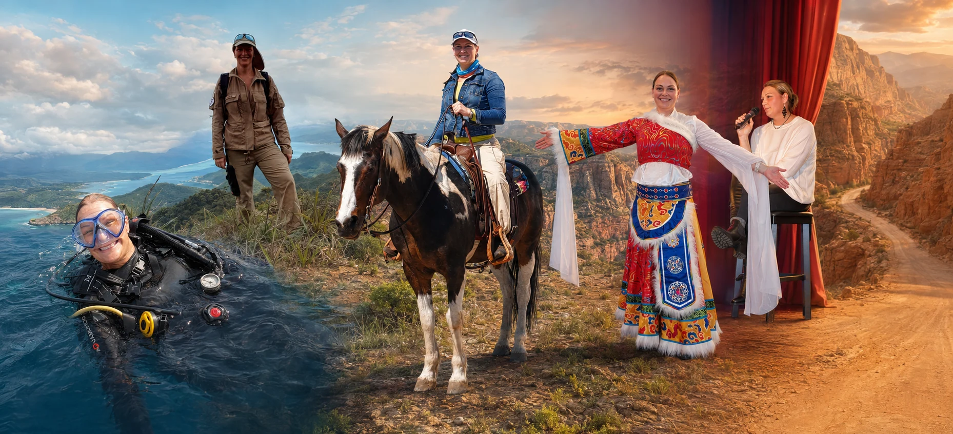Bildcollage mit Jessica Purkhardt beim Tauchen, Wandern, Reiten und auf einer Bühne