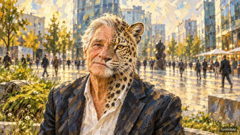 Illustration eines älteren Mannes mit halb menschlichem, halb leopardartigem Gesicht auf einem Stadtplatz.